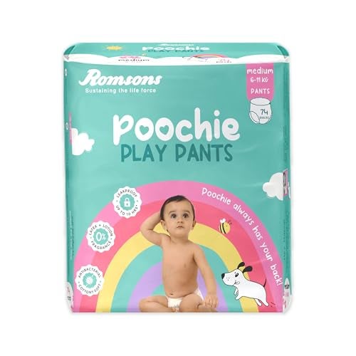 Romsons Poochie Play Pants Baby Diapers - M (74 Pieces) | Suitable for 6-11 KG | 360° Comfort Fit and Leakproof Upto 10 Hrs. - Image 1