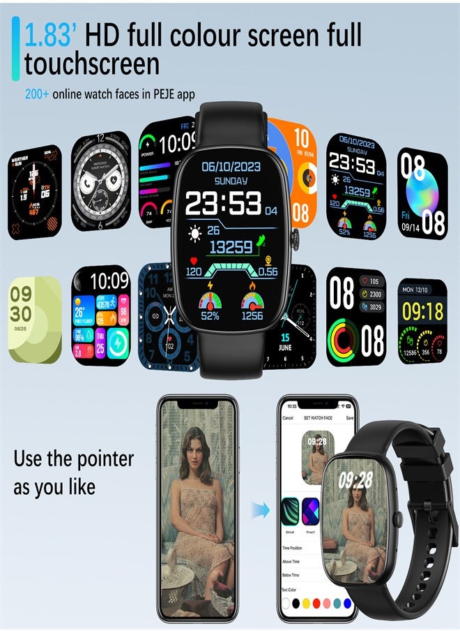 PEJE - PEJE Smart Watch for Men - 1.83" Display, Prayer Alerts & Arabic Support, Bluetooth Calls, IP68 Waterproof, SpO2/HR/Sleep Monitor, 123+ Sports Modes, 7-Day Battery, iOS/Android Compatible  (Black) - Image 1