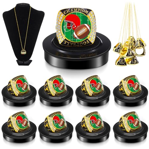 Landical 10 Pack Fantasy Football Champion Trophy Rings Senior Night Graduation Sports Party Favor MVP Award with Necklace Display Stand Box Alloy Trophy Neck Chain for Youth League TeamGold - Image 1