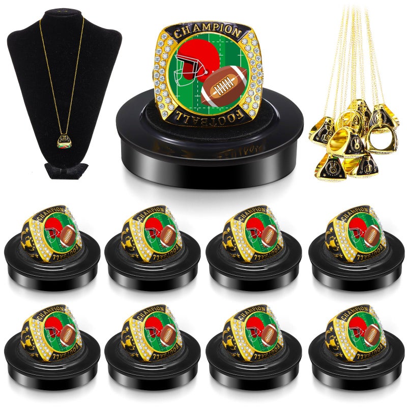 Landical 10 Pack Fantasy Football Champion Trophy Rings Senior Night Graduation Sports Party Favor MVP Award with Necklace Display Stand Box Alloy Trophy Neck Chain for Youth League TeamGold - Image 2