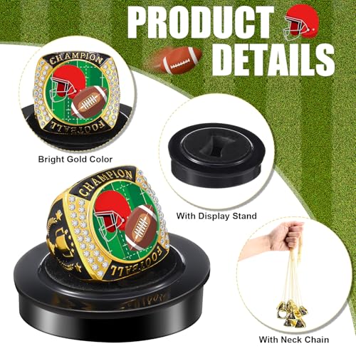 Landical 10 Pack Fantasy Football Champion Trophy Rings Senior Night Graduation Sports Party Favor MVP Award with Necklace Display Stand Box Alloy Trophy Neck Chain for Youth League TeamGold - Image 3