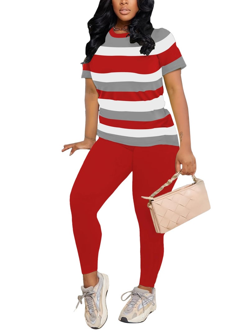 HBQ Women Two Piece Outfits Short Sleeve Stripe Tops and Bodycon Pants Tracksuits Biker Workout Jogger Sets M - Image 3