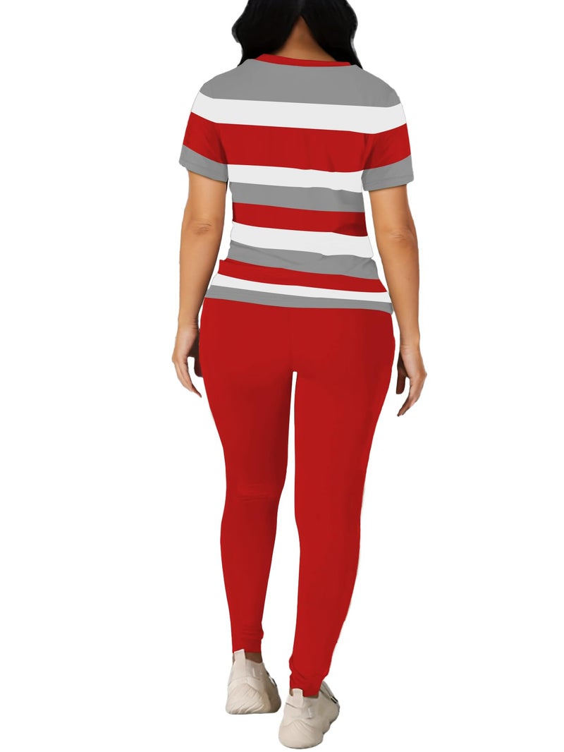 HBQ Women Two Piece Outfits Short Sleeve Stripe Tops and Bodycon Pants Tracksuits Biker Workout Jogger Sets M - Image 4