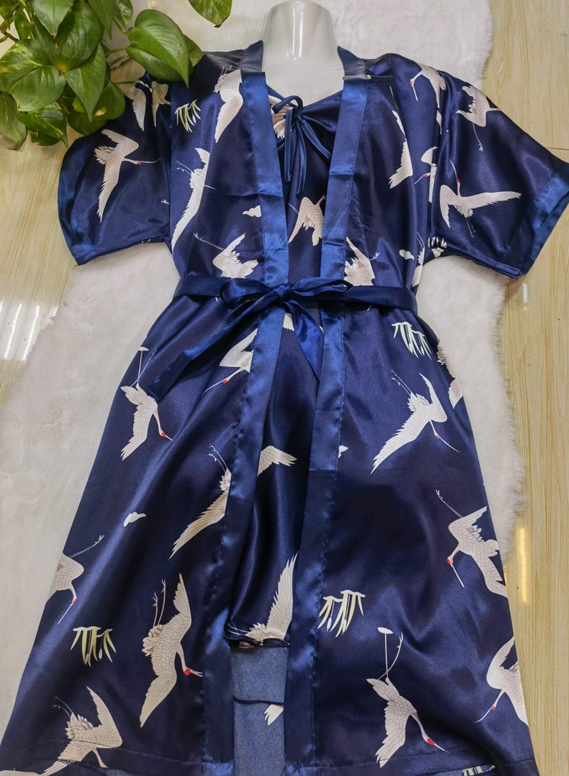 DubaiGallery Women's Long Kimono Robe,Silk Dressing Gown Satin Nightwear Bathrobe,Elegant Crane Printing