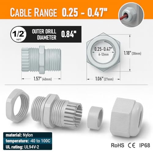 MGI SpeedWare Strain Relief Nylon Cord Grip Cable Glands, 20-Pack White (1/2" NPT) - Image 5
