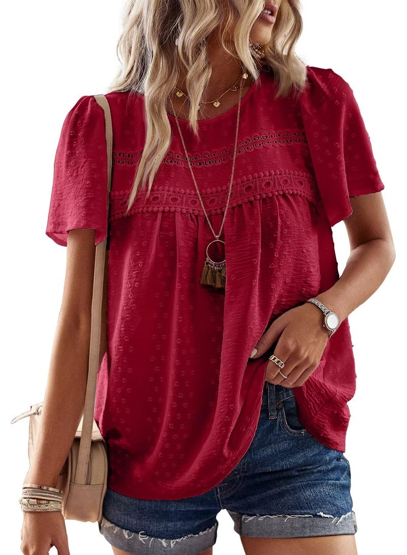 Falechay Red Summer Tops for Women Swiss Dots Short Sleeve Summer Blouse Boho Solid Round Neck Lace Pom Pom Flowy Chiffon Babydoll XL - Image 1