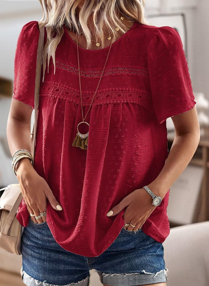 Falechay Red Summer Tops for Women Swiss Dots Short Sleeve Summer Blouse Boho Solid Round Neck Lace Pom Pom Flowy Chiffon Babydoll XL - Image 4