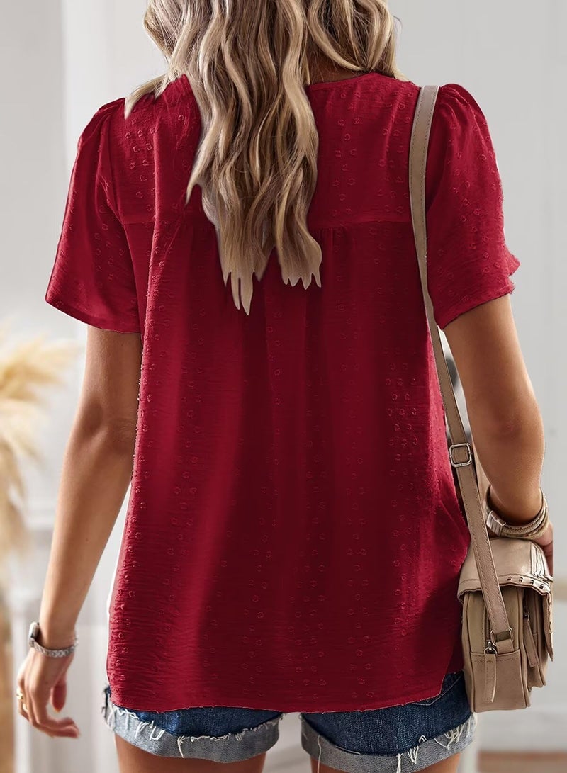 Falechay Red Summer Tops for Women Swiss Dots Short Sleeve Summer Blouse Boho Solid Round Neck Lace Pom Pom Flowy Chiffon Babydoll XL - Image 3