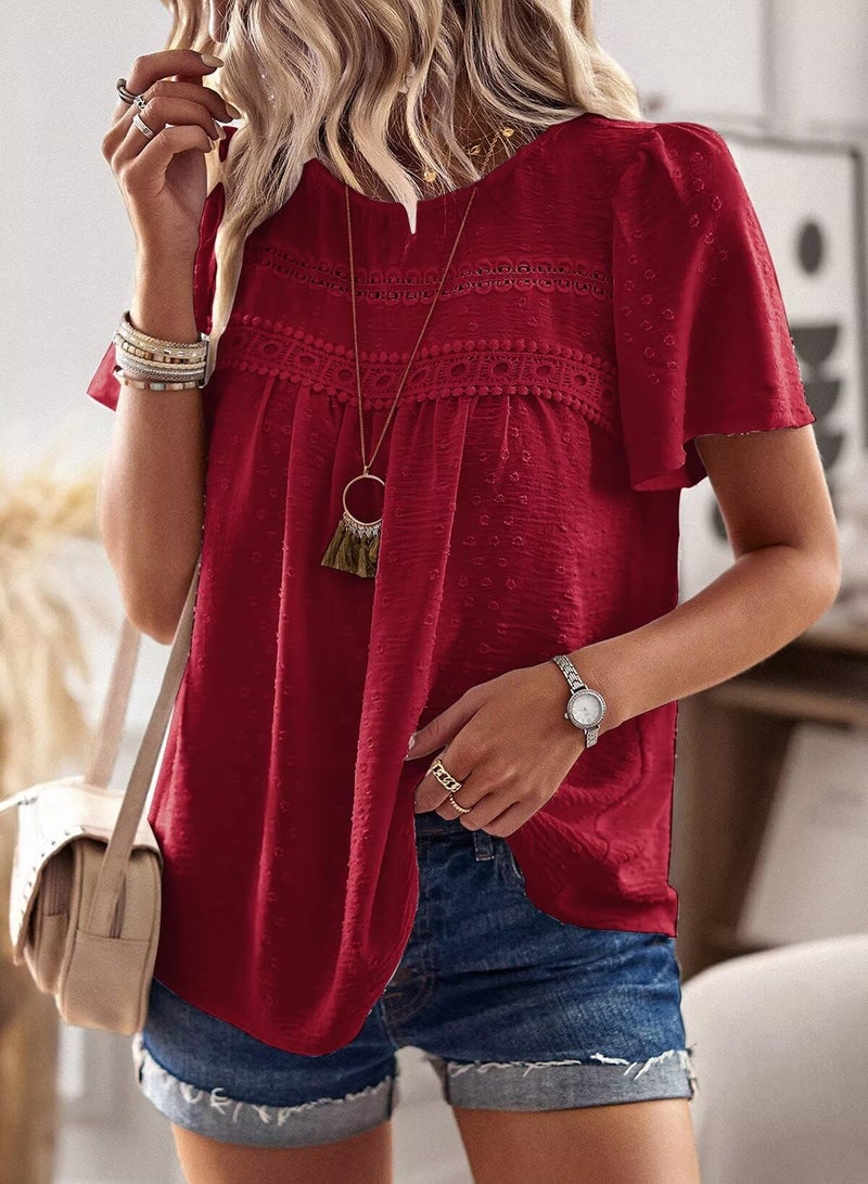 Falechay Red Summer Tops for Women Swiss Dots Short Sleeve Summer Blouse Boho Solid Round Neck Lace Pom Pom Flowy Chiffon Babydoll XL - Image 2