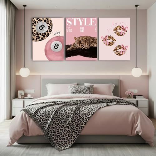 Shrandi 3 PCS Pink Leopard Canvas Wall Art Trendy Cheetah 8 Ball Bow Poster Prints Y2k Coquette Preppy Lucky Aesthetic Fashion Pictures Art for Girls Bedroom Dorm Living Room Apartment Decor 12*16In (Stretched Canvas On A Wooden Frame) - Image 3