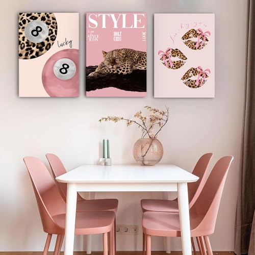 Shrandi 3 PCS Pink Leopard Canvas Wall Art Trendy Cheetah 8 Ball Bow Poster Prints Y2k Coquette Preppy Lucky Aesthetic Fashion Pictures Art for Girls Bedroom Dorm Living Room Apartment Decor 12*16In (Stretched Canvas On A Wooden Frame) - Image 5
