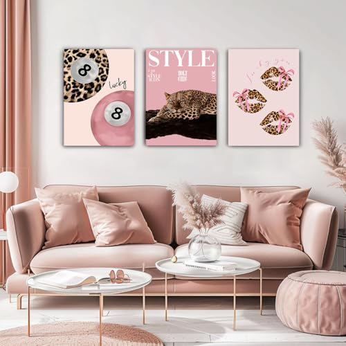 Shrandi 3 PCS Pink Leopard Canvas Wall Art Trendy Cheetah 8 Ball Bow Poster Prints Y2k Coquette Preppy Lucky Aesthetic Fashion Pictures Art for Girls Bedroom Dorm Living Room Apartment Decor 12*16In (Stretched Canvas On A Wooden Frame) - Image 2