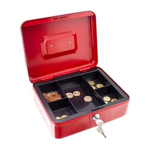 oddpod™ DL Metal Cash Box & Jewelry Safe Locker with Plastic Coin Tray & Key Lock - Large (Red) - Image 1