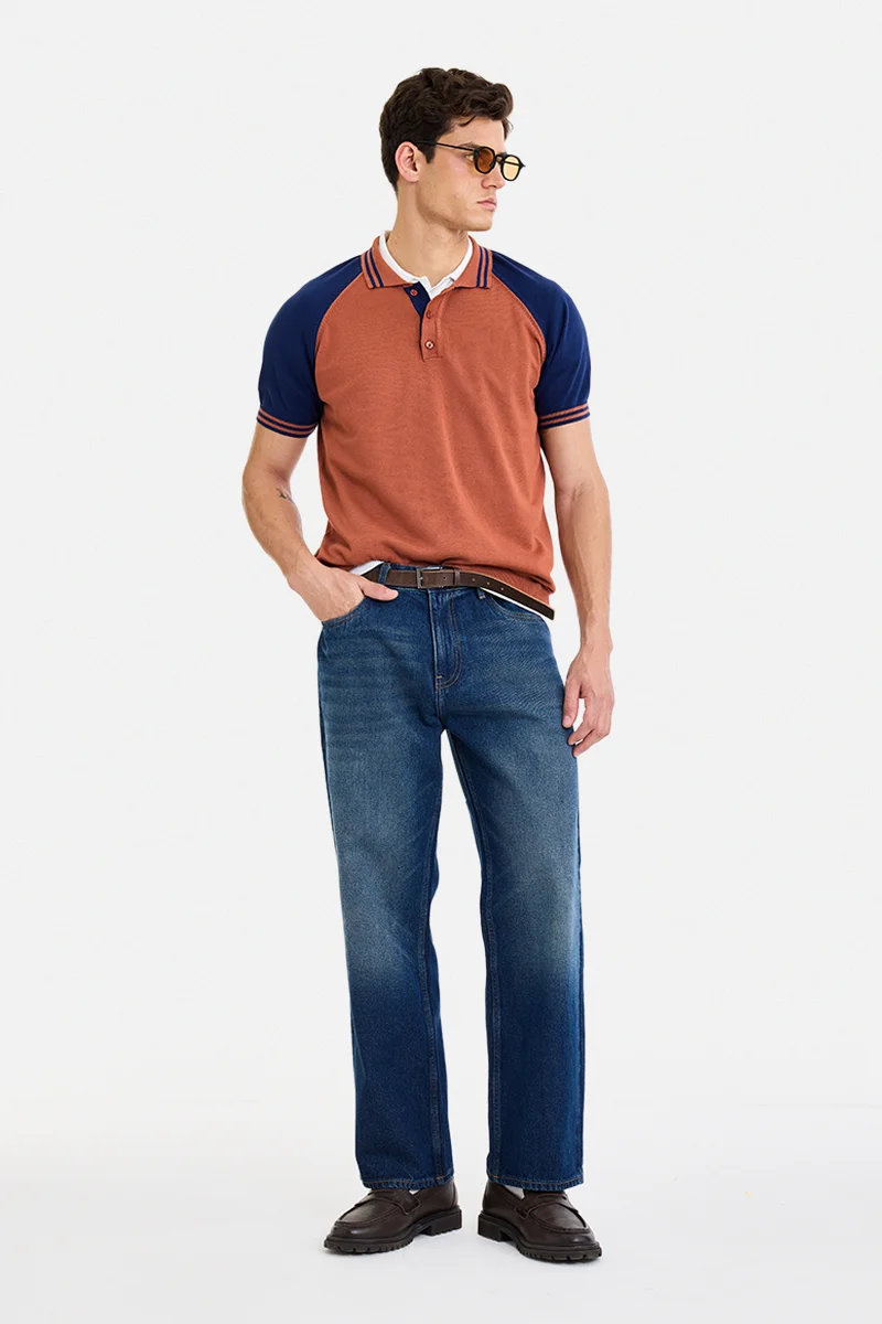 سنيتش Rust Colour Blocked Raglan Sleeves Regular Fit Casual T-Shirt