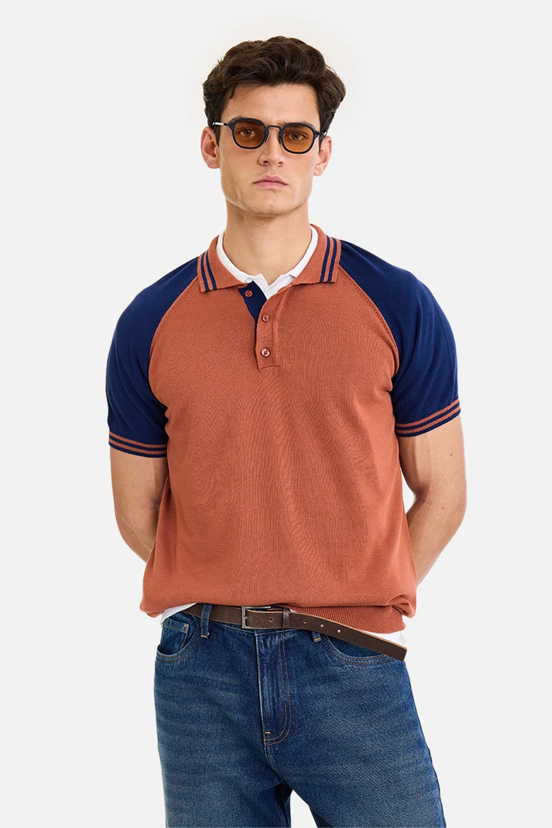 سنيتش Rust Colour Blocked Raglan Sleeves Regular Fit Casual T-Shirt