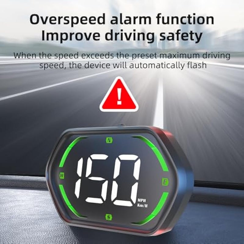 أنكوفو جهاز قياس السرعة العالمي الرقمي GPS HUD للسيارات - شاشة رأس جديدة 2025 مع MPH / KMH ، إنذار السرعة الزائدة ، تنبيه التعب ، خط LED كبير ، USB Plug & Play ، سطوع تلقائي - يناسب جميع المركبات (أخضر) - Image 4