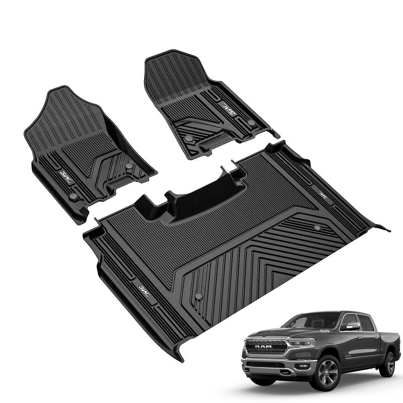 3W Floor Mats Fit for 2019-2024 Dodge Ram 1500 Crew Cab New Body (NOT Classic Models) with Original Storage All Weather TPE Accessories Custom Fit Dodge Ram 1500 Floor Liner Full Set Car Mats - Image 1