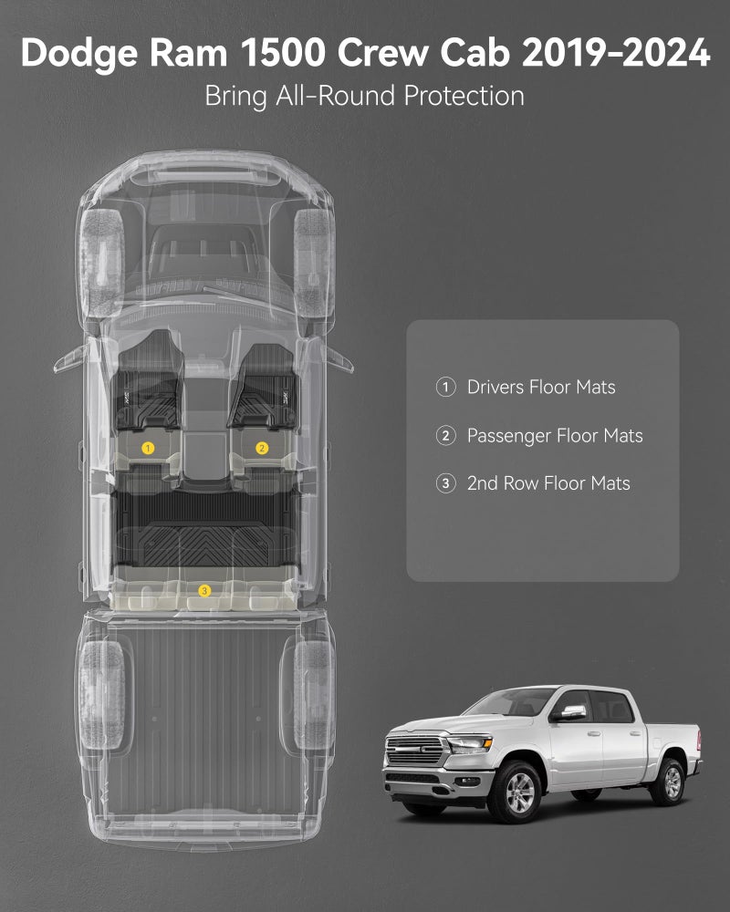 3W Floor Mats Fit for 2019-2024 Dodge Ram 1500 Crew Cab New Body (NOT Classic Models) with Original Storage All Weather TPE Accessories Custom Fit Dodge Ram 1500 Floor Liner Full Set Car Mats - Image 2