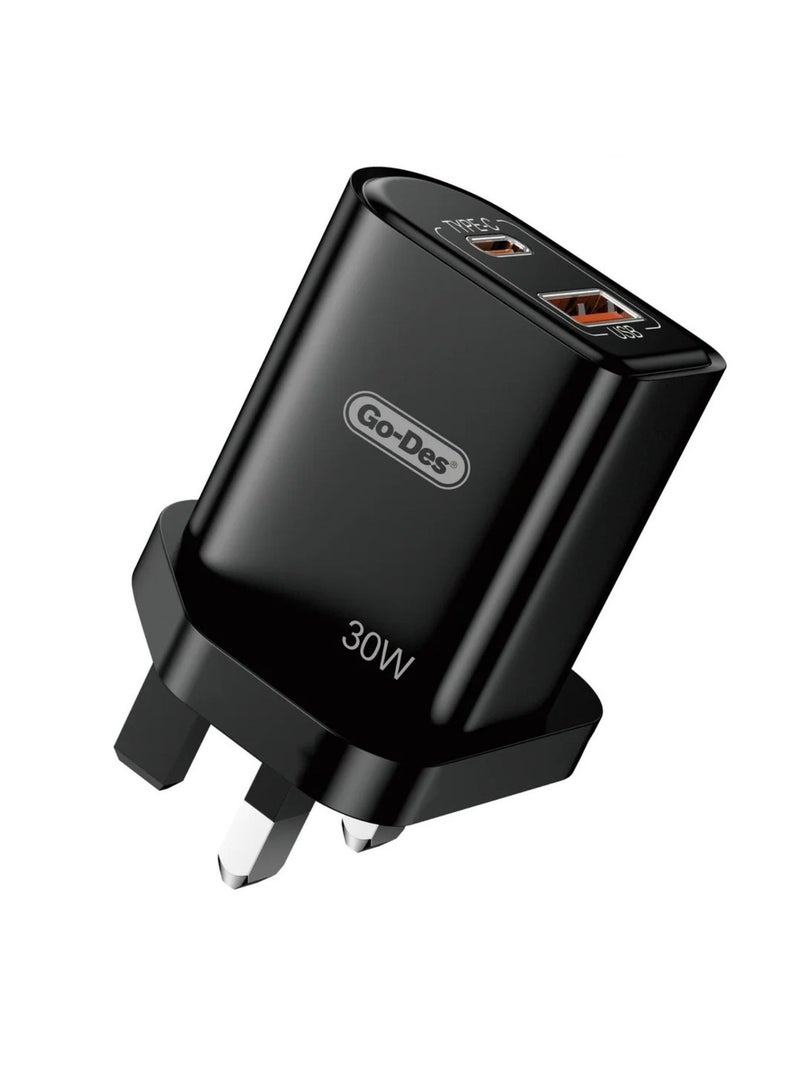 GO-DES PD 30W Fast Travel Charger – Dual Port USB-C + USB-A Power Adapter – Compact Wall Charger with Safety Features for Phones, Tablets & Devices – Black - Image 1
