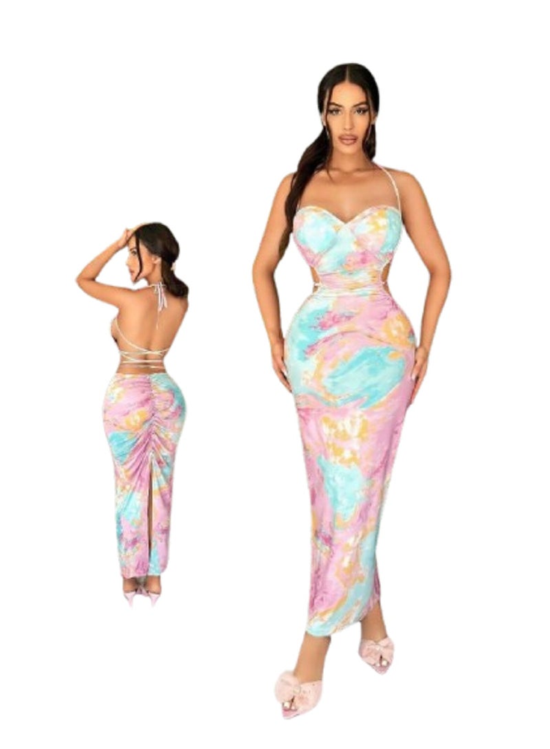 MANIKAN Printed Strappy Backless Sleeveless Dress With Cross-Tied Back For Summer  - Image 1