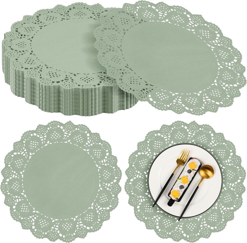 MCEAST 100 Pack Round Sage Green Paper Doilies 13.5 Inches Lace Paper Place Mats Rustic Scallop Doily Disposable Table Pads for Food Cakes Crafts Party Weddings Tableware Decor - Image 1