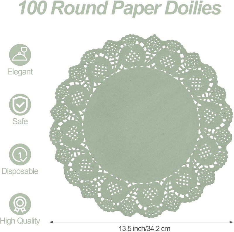 MCEAST 100 Pack Round Sage Green Paper Doilies 13.5 Inches Lace Paper Place Mats Rustic Scallop Doily Disposable Table Pads for Food Cakes Crafts Party Weddings Tableware Decor - Image 2