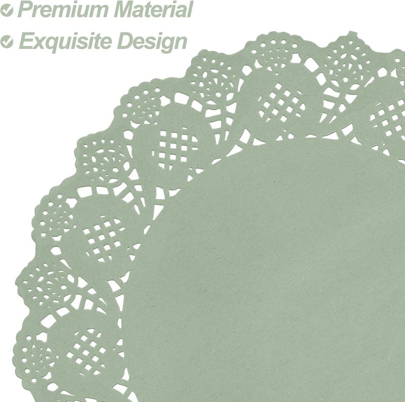 MCEAST 100 Pack Round Sage Green Paper Doilies 13.5 Inches Lace Paper Place Mats Rustic Scallop Doily Disposable Table Pads for Food Cakes Crafts Party Weddings Tableware Decor - Image 3