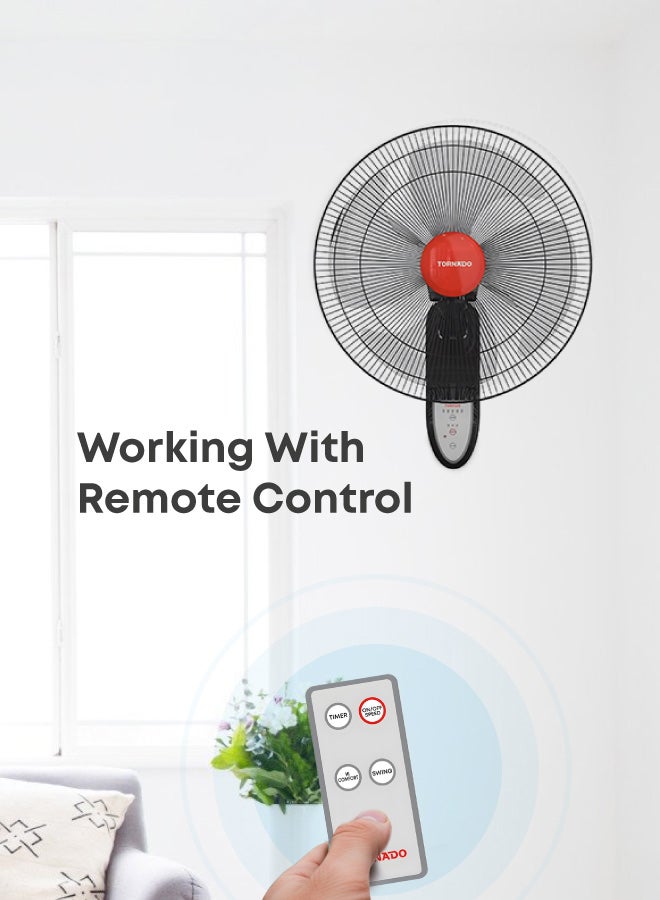 TORNADO Wall Fan, 18 inch, Oscillation Directions, 3 Speed Levels 4 Blades with Remote Control, Best for Home & Office, Black x Red - EPS-18R 220 W EPS-18R Black x Red - Image 1