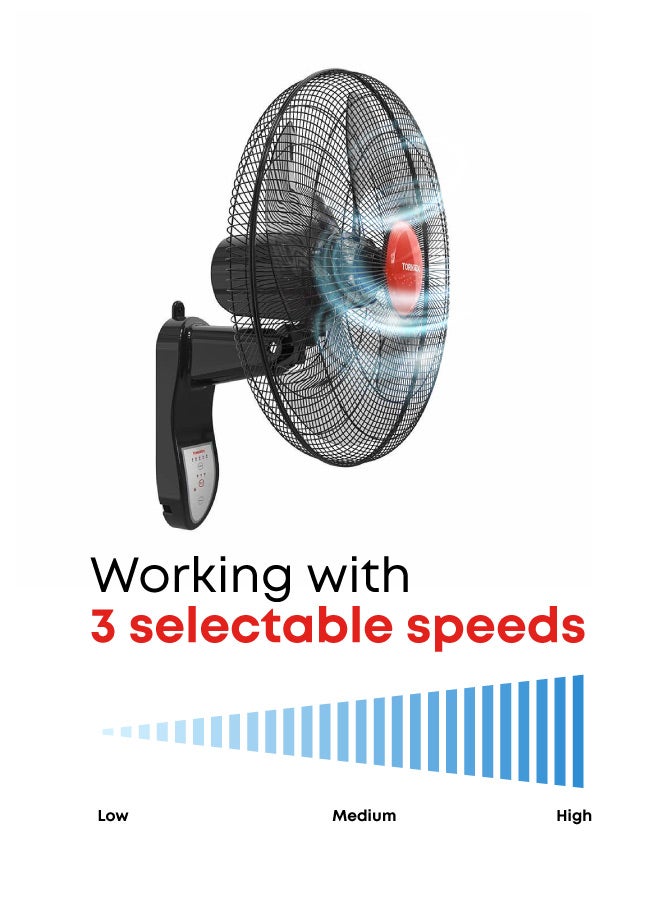 TORNADO Wall Fan, 18 inch, Oscillation Directions, 3 Speed Levels 4 Blades with Remote Control, Best for Home & Office, Black x Red - EPS-18R 220 W EPS-18R Black x Red - Image 2