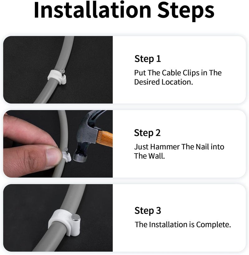 Abnii Cable Clips, 100 Pcs, 10mm, Wire Wall Clips with Steel Nails, Cable Management Organizer Clips, Cable Tacks Coax Holder Clips, RG6 RG59 CAT6 RJ45 Cable Cord Clips, White - Image 3