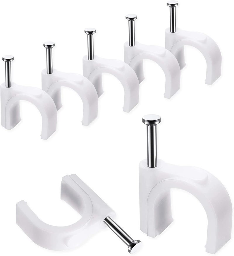 Abnii Cable Clips, 100 Pcs, 10mm, Wire Wall Clips with Steel Nails, Cable Management Organizer Clips, Cable Tacks Coax Holder Clips, RG6 RG59 CAT6 RJ45 Cable Cord Clips, White - Image 1