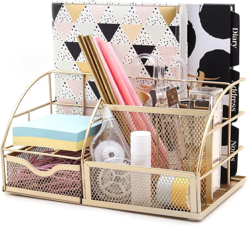 Exerz Desk Organiser/Mesh Desk Tidy Caddy/Pen Holder/Multifunctional Organiser With 7 Compartments (Golden) - Image 1