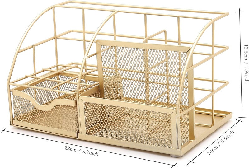 Exerz Desk Organiser/Mesh Desk Tidy Caddy/Pen Holder/Multifunctional Organiser With 7 Compartments (Golden) - Image 2