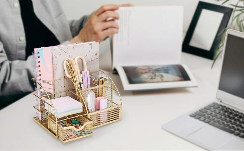 Exerz Desk Organiser/Mesh Desk Tidy Caddy/Pen Holder/Multifunctional Organiser With 7 Compartments (Golden) - Image 5