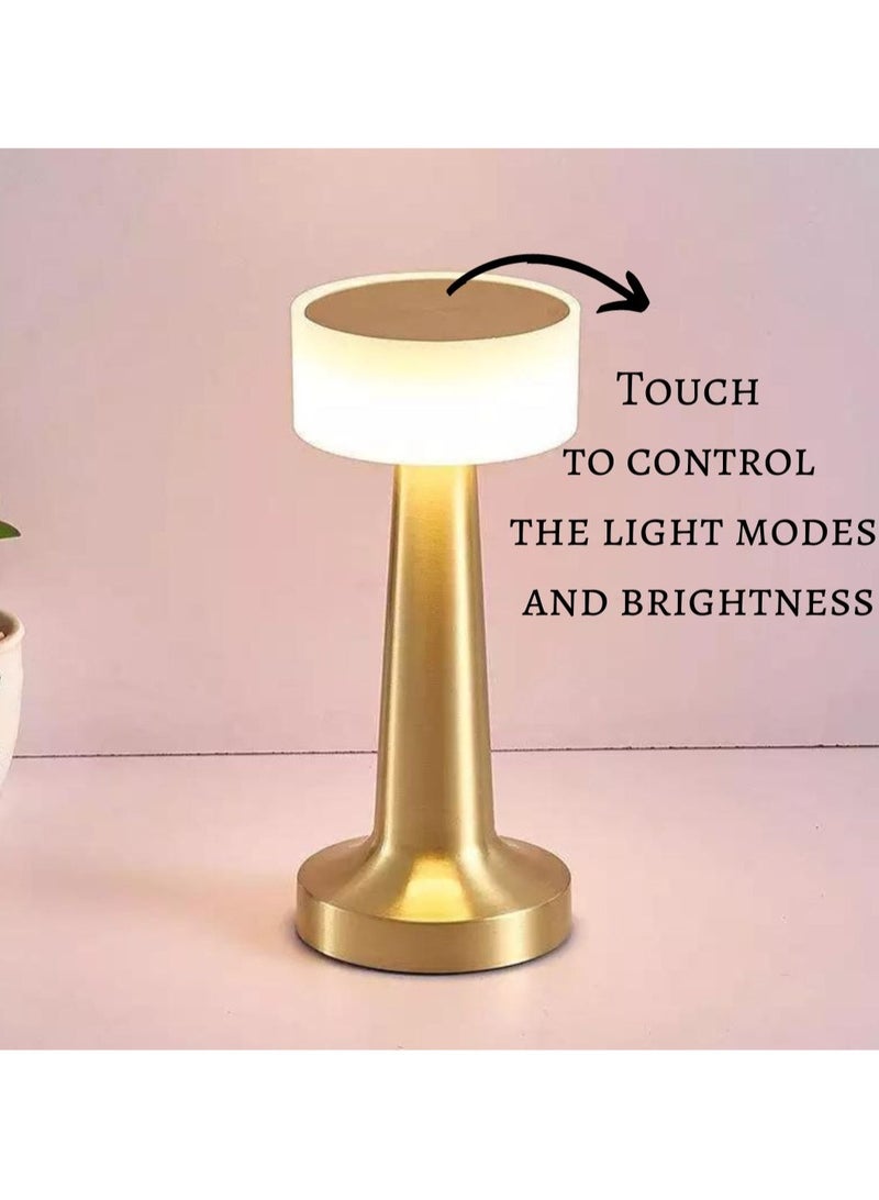 مصباح طاولة حديث لاسلكي محمول لا سلكي إضاءة 3 وات قابل للتعتيم 3 أوضاع تعمل باللمس LED مصباح مكتبي لاسلكي من الألومنيوم قابل لإعادة الشحن لمطعم قراءة ومقهى (ذهبي) - Image 2