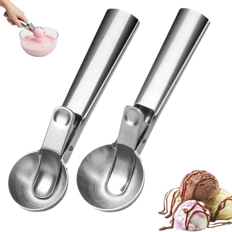 MARKQ مغرفة آيس كريم – مغرفة ثقيلة من الفولاذ المقاوم للصدأ مع زناد لآيس كريم، جيلاتو، عجينة البسكويت، سوربيه، بطيخ، ملعقة حلوى مجمدة صلبة، فضية – عبوة 2 - Image 1