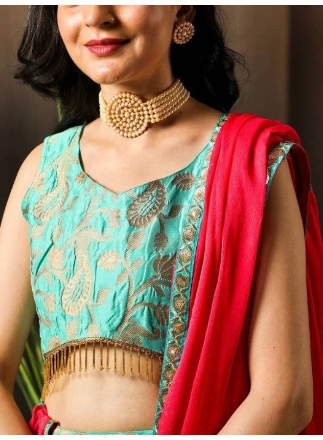 AKS Green Gold Jacquard Zari Work Lehenga Choli With Pink Dupatta & Potali Bag
