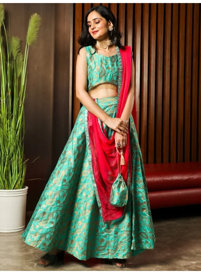 AKS Green Gold Jacquard Zari Work Lehenga Choli With Pink Dupatta & Potali Bag
