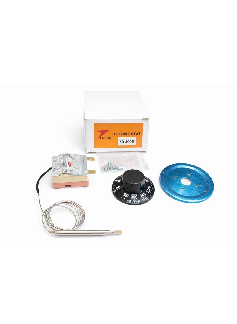 50-300E Mechanical Capillary Thermostat Temperature Controller Kit, 50°F–300°F 2Pin 220v Adjustable Range, Heavy Duty Probe Sensor with Dial Knob, Mounting Plate & Screws, for Oven, Fryer, Heater & Industrial Equipment - Image 1