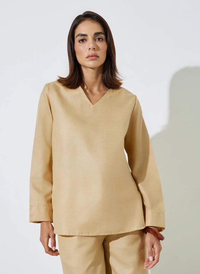 أميرة Beige Solid V-Neck Top and Wide Leg Pants Set