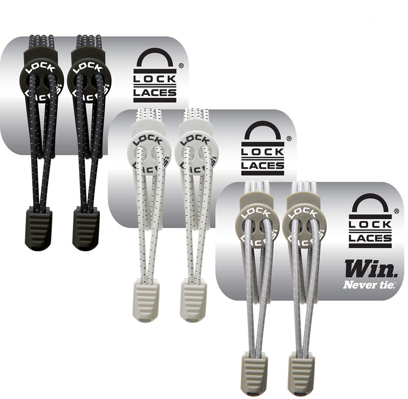 Lock Laces - Elastic No Tie Shoe Laces (Pack of 3) One Size Fits All, for Kids and Adults, Elastic No Tie Shoe Laces (Black-White-Gray) - Image 1