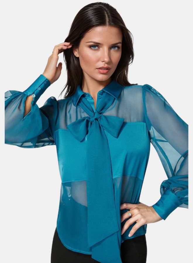 bebe Satin & Chiffon Bow Blouse - Image 4