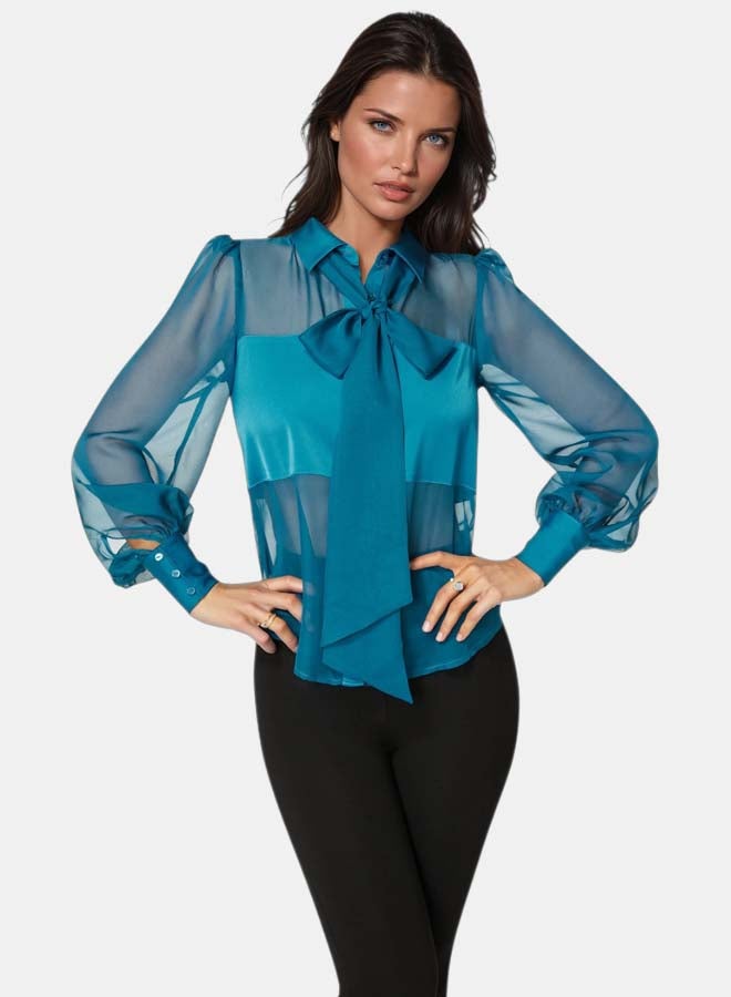 bebe Satin & Chiffon Bow Blouse - Image 1