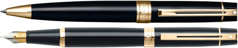 SHEAFFER مجموعة شيفر 300 ديو باللون الأسود اللامع مع تفاصيل ذهبية - سلسلة محدودة مع النقطة البيضاء المميزة للجودة ونقطة متوسطة للكتابة وقلم حبر وقلم جاف - Image 1