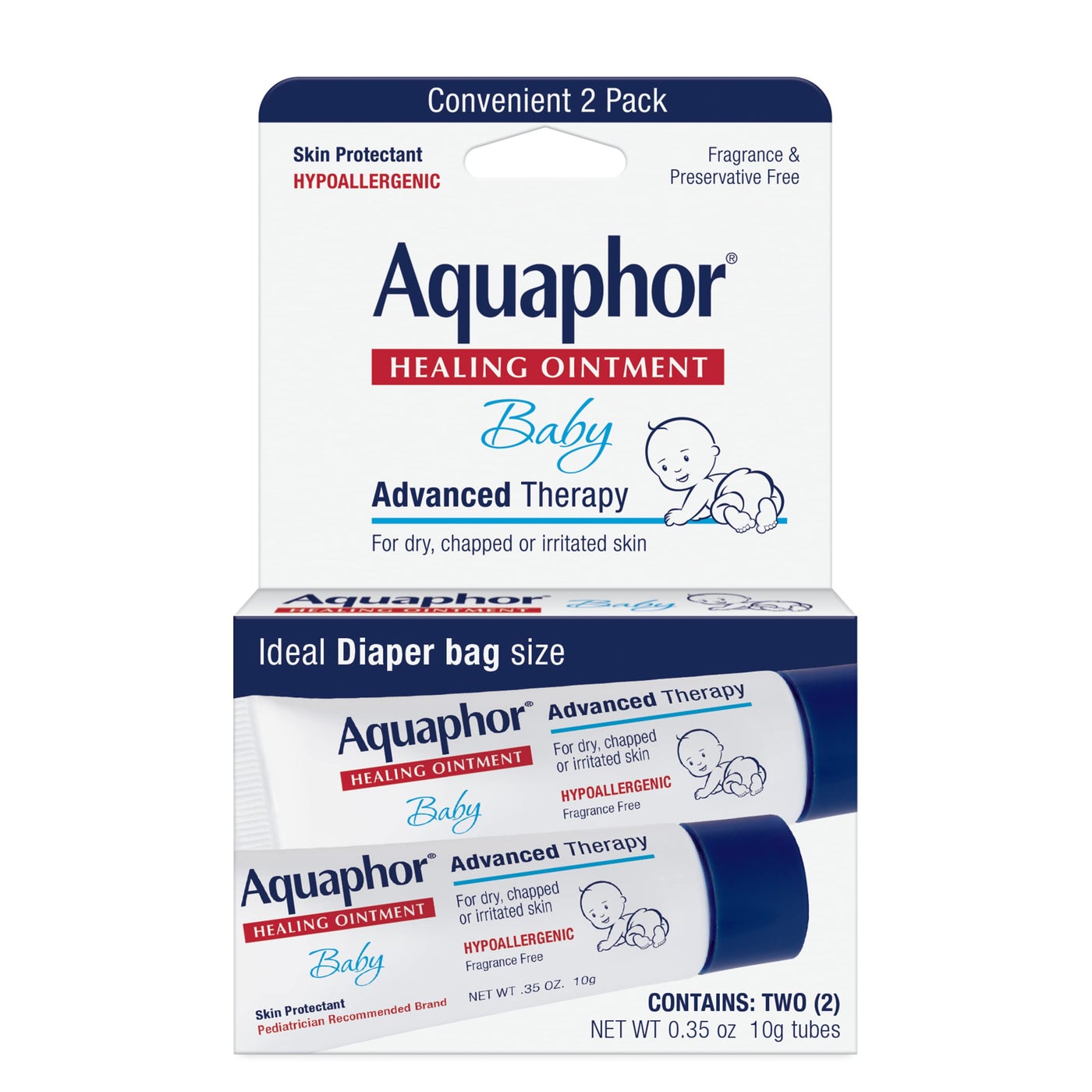Aquaphor Baby Healing Ointment Advanced Therapy Skin Protectant for Chapped or Dry Skin Drool Rash and Diaper Rash Ointment Hypoallergenic Baby Essentials Travel Size 035 Oz Tube Pack of 2