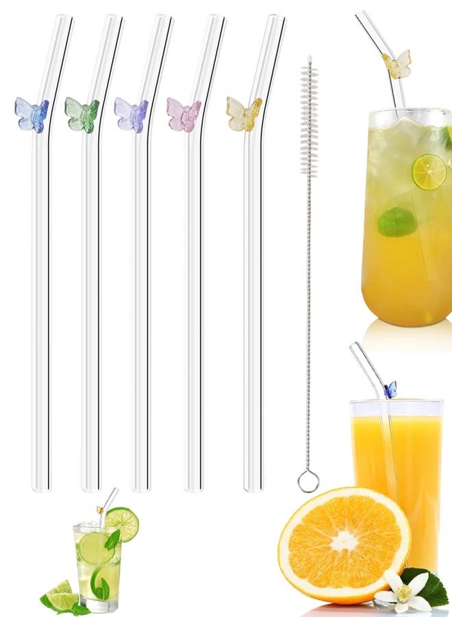 5 PCS Reusable Straws Clear Glass Straws Colorful Butterfly Design With 1 Cleaning Brush For Smoothies, Milkshakes, Juices, Teas - Image 1