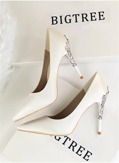 BIGTREE 10cm Stylish Metal Pumps With Slim Heels High heels Shallow-Cut Pointed Satin Pumps White  - Image 2