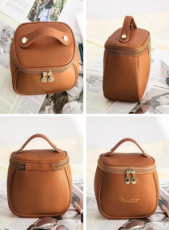 VANKALP | Leather Cosmetic Organizer Bag | Makeup Kit Storage | Cosmetic Brush Case | for Women, Girls Toiletry Bag with Handle and Divider | Waterproof Zippered, Portable Carry Pouch | (Brown) - Image 4
