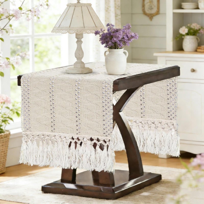 yuboo Boho Table Runner 36 Inches, Small Macrame Cream Coffee Table Runner Short, Dresser Scarf for Spring Easter Decor, Nightstand, End Table, Desk - Image 1
