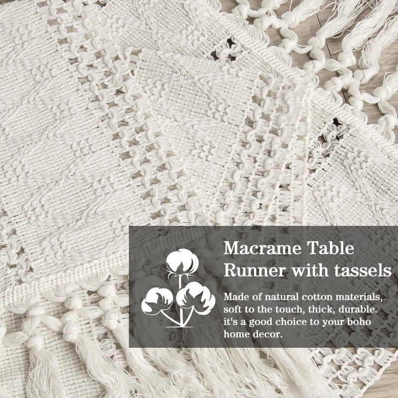 yuboo Boho Table Runner 36 Inches, Small Macrame Cream Coffee Table Runner Short, Dresser Scarf for Spring Easter Decor, Nightstand, End Table, Desk - Image 2